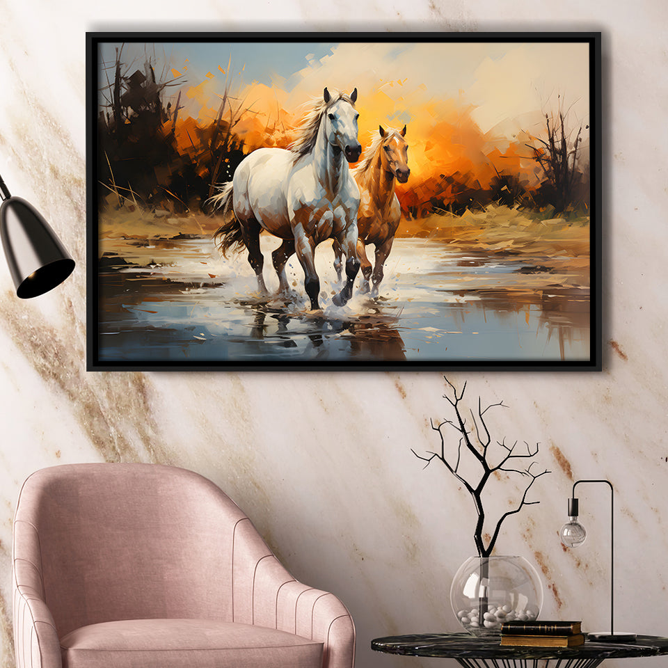 Couple Horse Running In The Sunset Framed Canvas Prints Wall Art Home Decor, Painting Canvas, Floating Frame