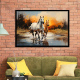 Couple Horse Running In The Sunset Framed Art Prints Wall Decor, Painting Art, Framed Picture