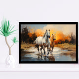 Couple Horse Running In The Sunset Framed Art Prints Wall Decor, Painting Art, Framed Picture