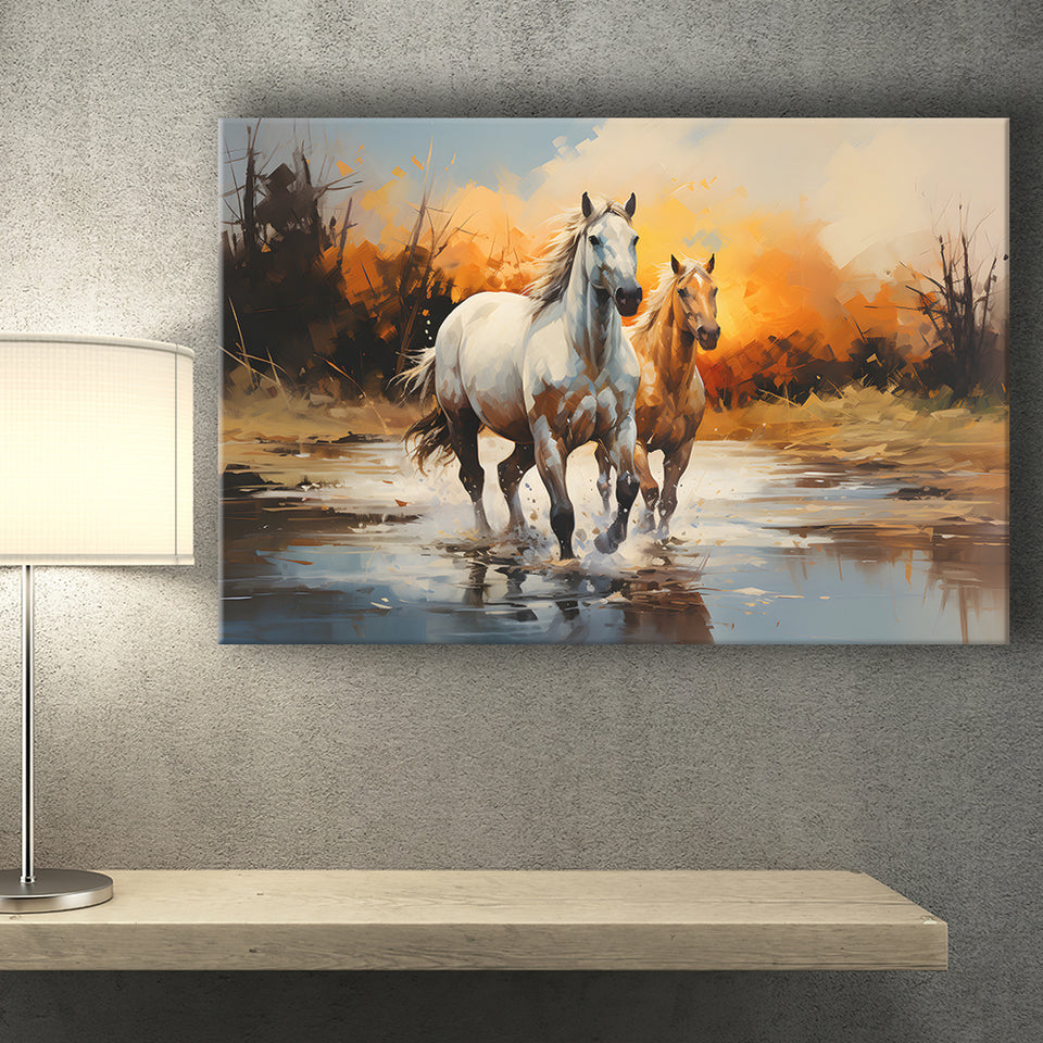 Couple Horse Running In The Sunset Canvas Prints Wall Art Home Decor, Painting Canvas, Living Room Wall Decor