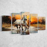 Couple Horse Running In The Sunset 5 Panels Canvas Prints Wall Art Home Decor, Large Mixed Canvas