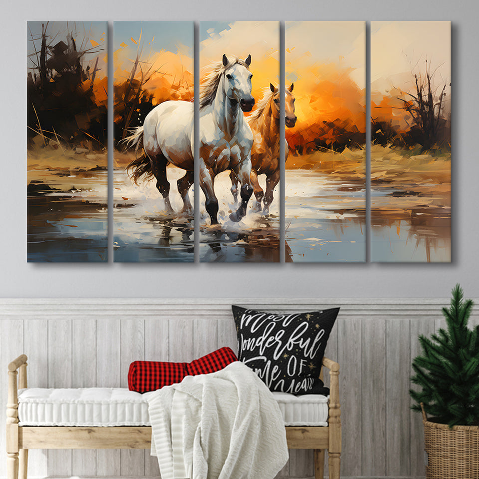Couple Horse Running In The Sunset 5 Panels B Canvas Prints Wall Art Home Decor, Extra Large Canvas