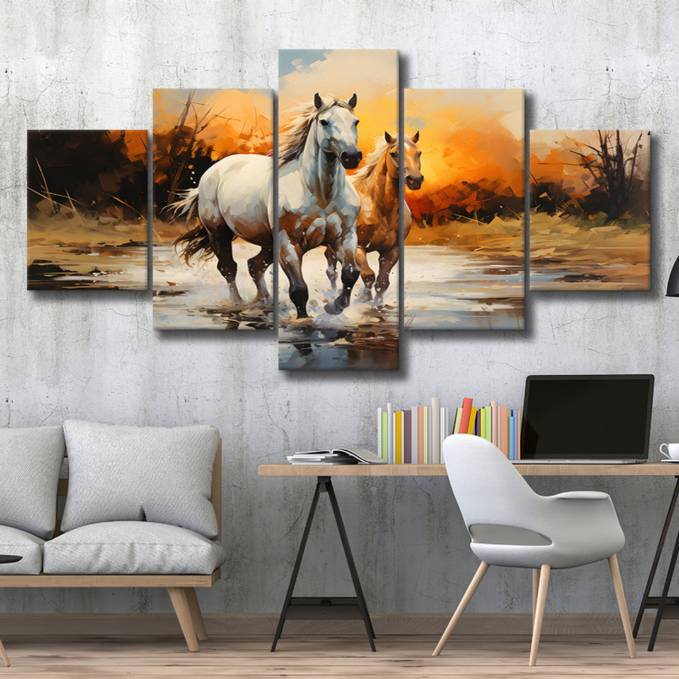 Couple Horse Running In The Sunset 5 Panels Canvas Prints Wall Art Home Decor, Large Mixed Canvas