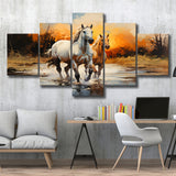Couple Horse Running In The Sunset 5 Panels Canvas Prints Wall Art Home Decor, Large Mixed Canvas