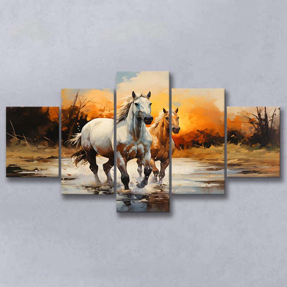 Couple Horse Running In The Sunset 5 Panels Canvas Prints Wall Art Home Decor, Large Mixed Canvas