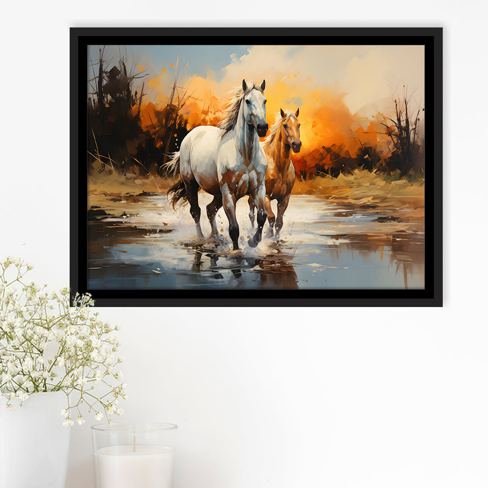 Couple Horse Running In The Sunset Framed Canvas Prints Wall Art Home Decor, Painting Canvas, Floating Frame