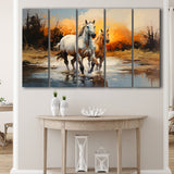 Couple Horse Running In The Sunset 5 Panels B Canvas Prints Wall Art Home Decor, Extra Large Canvas