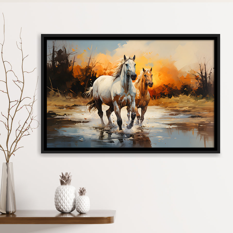 Couple Horse Running In The Sunset Framed Canvas Prints Wall Art Home Decor, Painting Canvas, Floating Frame