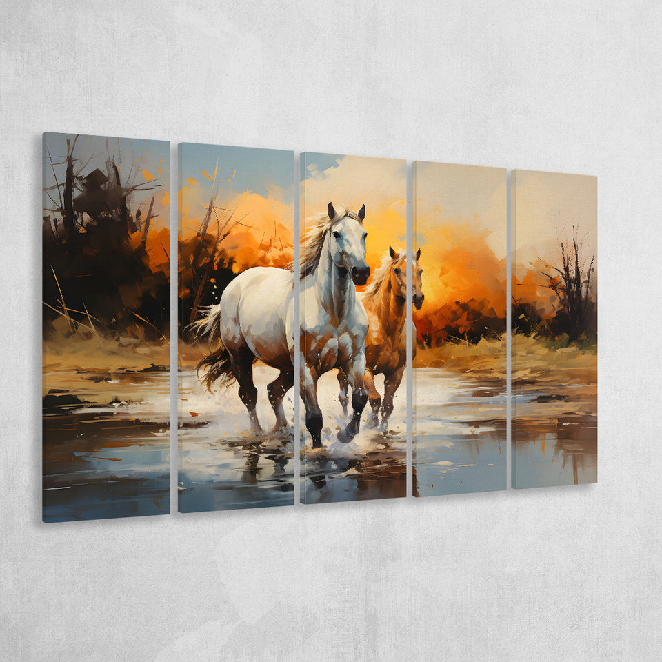 Couple Horse Running In The Sunset 5 Panels B Canvas Prints Wall Art Home Decor, Extra Large Canvas