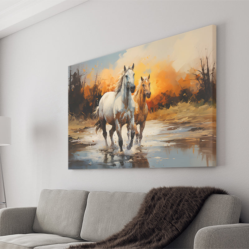 Couple Horse Running In The Sunset Canvas Prints Wall Art Home Decor, Painting Canvas, Living Room Wall Decor