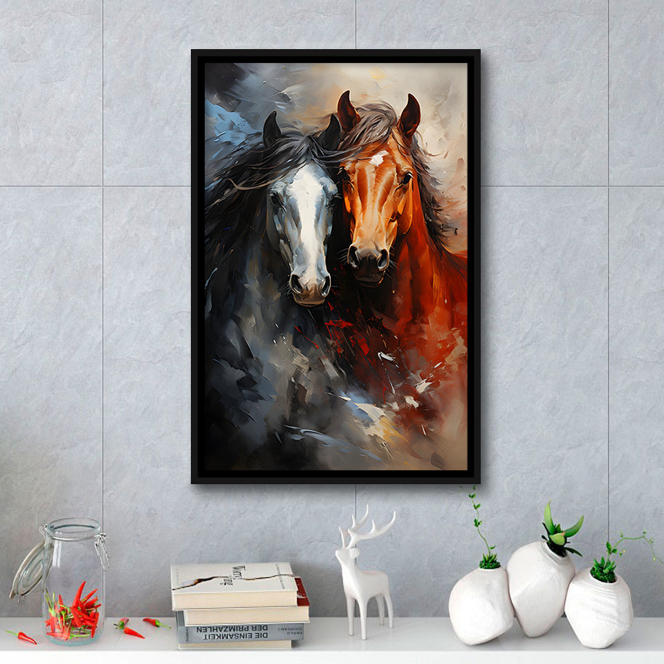 Couple Love Horse Portrait Oil Painting Framed Canvas Prints Wall Art Home Decor, Painting Canvas, Floating Frame
