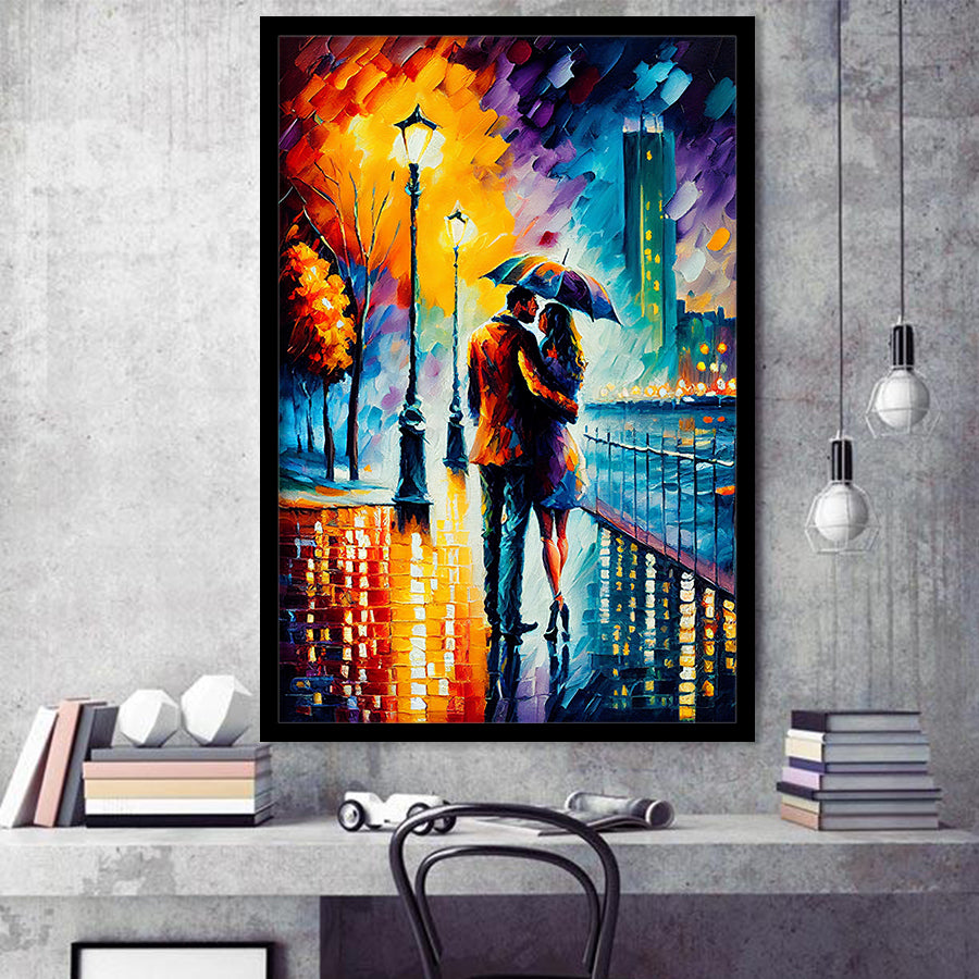 Couple Hugging Under Umbrela Framed Art Prints Wall Decor - Art Prints, Framed Picture,For Sale, Ready to hang