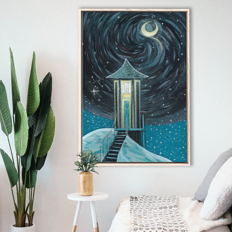 Crescent Moon In Starry Night Framed Canvas Prints Wall Art, Floating Frame, Large Canvas Home Decor