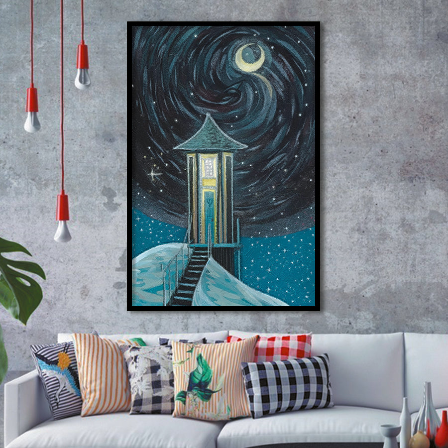 Crescent Moon In Starry Night Framed Art Prints Wall Decor, Framed Picture, Large Picture