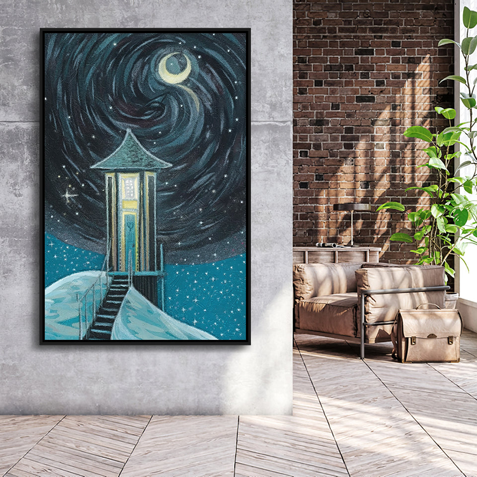 Crescent Moon In Starry Night Framed Canvas Prints Wall Art, Floating Frame, Large Canvas Home Decor