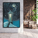 Crescent Moon In Starry Night Framed Canvas Prints Wall Art, Floating Frame, Large Canvas Home Decor