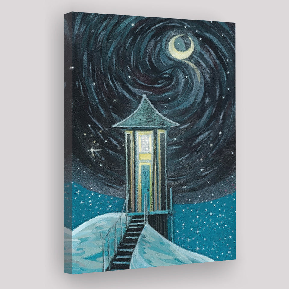 Crescent Moon In Starry Night Canvas Prints Wall Art, Home Living Room Decor, Large Canvas
