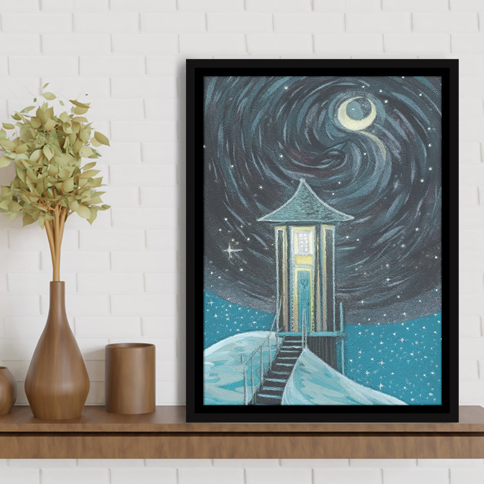 Crescent Moon In Starry Night Framed Canvas Prints Wall Art, Floating Frame, Large Canvas Home Decor