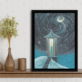 Crescent Moon In Starry Night Framed Canvas Prints Wall Art, Floating Frame, Large Canvas Home Decor
