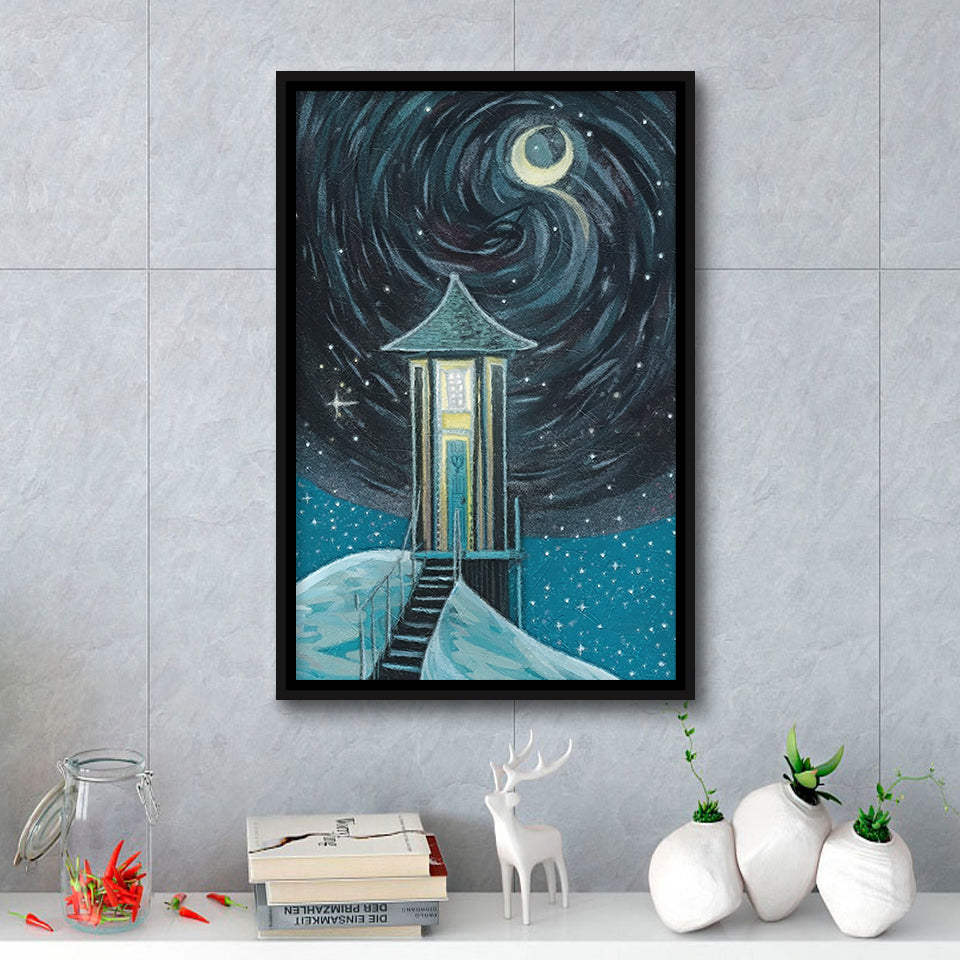 Crescent Moon In Starry Night Framed Canvas Prints Wall Art, Floating Frame, Large Canvas Home Decor