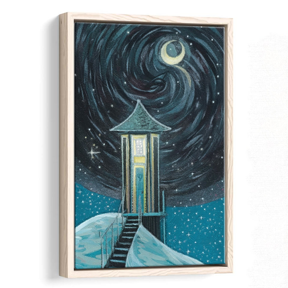 Crescent Moon In Starry Night Framed Canvas Prints Wall Art, Floating Frame, Large Canvas Home Decor
