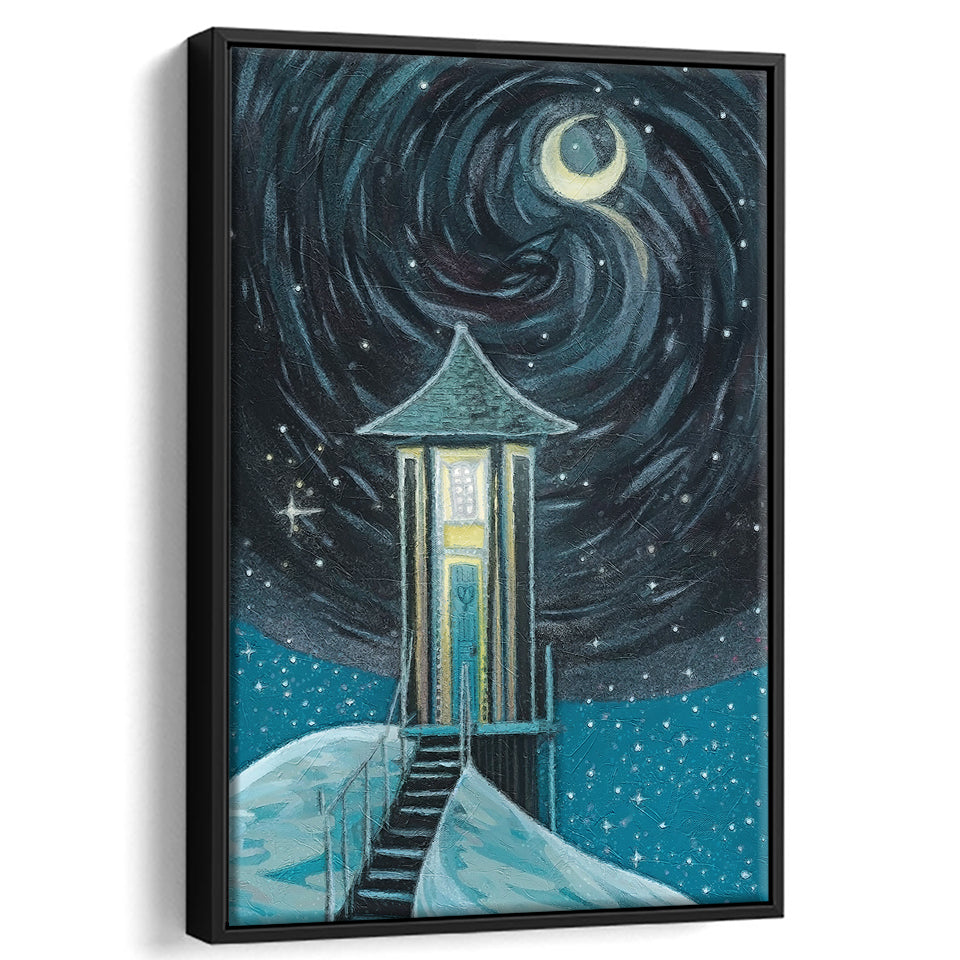Crescent Moon In Starry Night Framed Canvas Prints Wall Art, Floating Frame, Large Canvas Home Decor