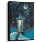 Crescent Moon In Starry Night Framed Canvas Prints Wall Art, Floating Frame, Large Canvas Home Decor