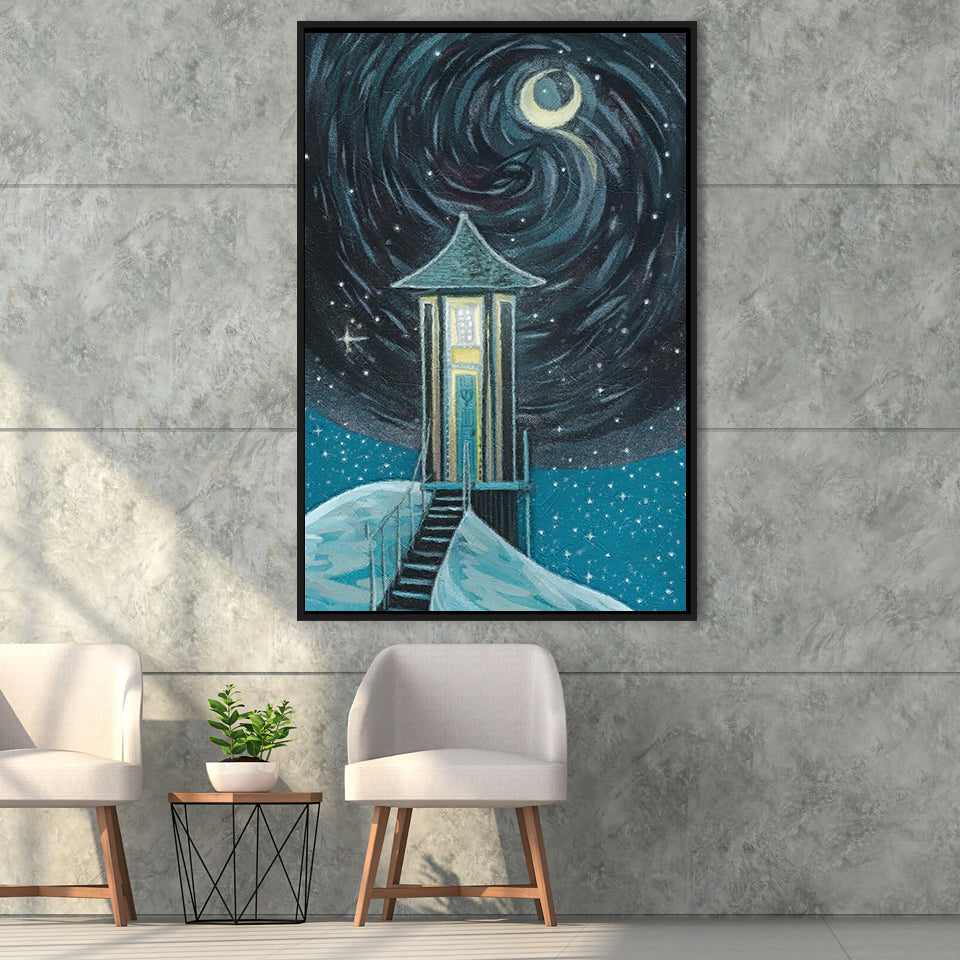 Crescent Moon In Starry Night Framed Canvas Prints Wall Art, Floating Frame, Large Canvas Home Decor