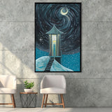 Crescent Moon In Starry Night Framed Canvas Prints Wall Art, Floating Frame, Large Canvas Home Decor