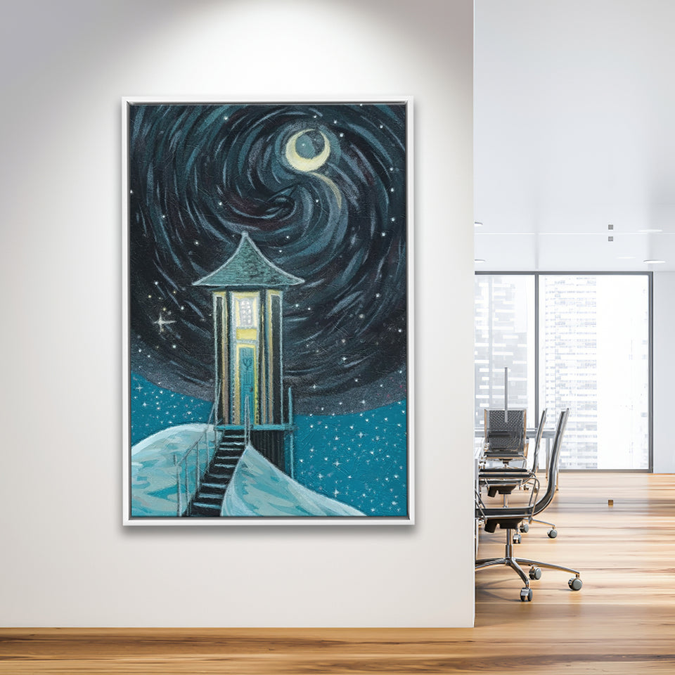 Crescent Moon In Starry Night Framed Canvas Prints Wall Art, Floating Frame, Large Canvas Home Decor