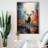 Deer In The Forest Painting V3 Framed Canvas Prints Wall Art Home Decor, Painting Canvas, Floating Frame