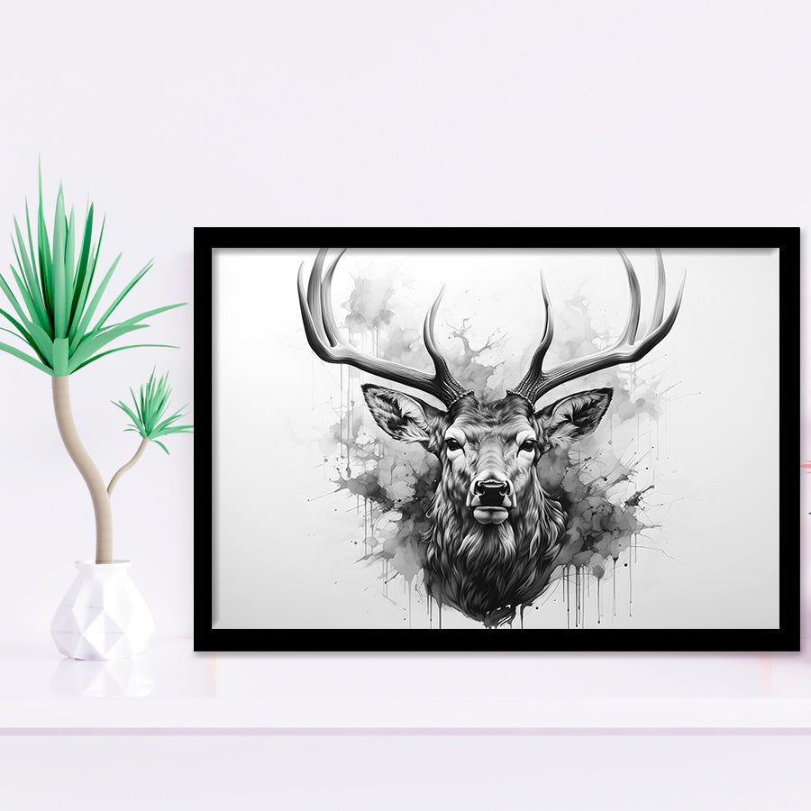 Deer Stag Head Black And White Framed Art Prints Wall Decor, Painting Art, Framed Picture