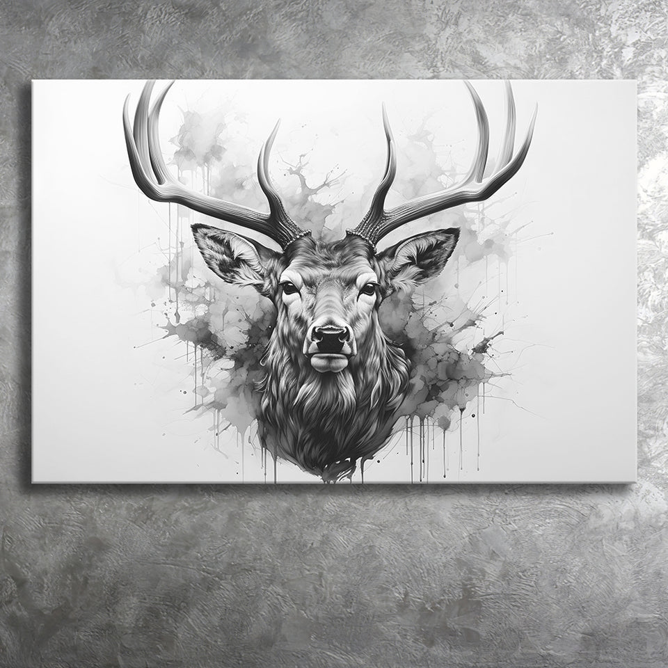 Deer Stag Head Black And White Canvas Prints Wall Art Home Decor, Painting Canvas, Living Room Wall Decor