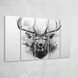 Deer Stag Head Black And White 5 Panels B Canvas Prints Wall Art Home Decor, Extra Large Canvas