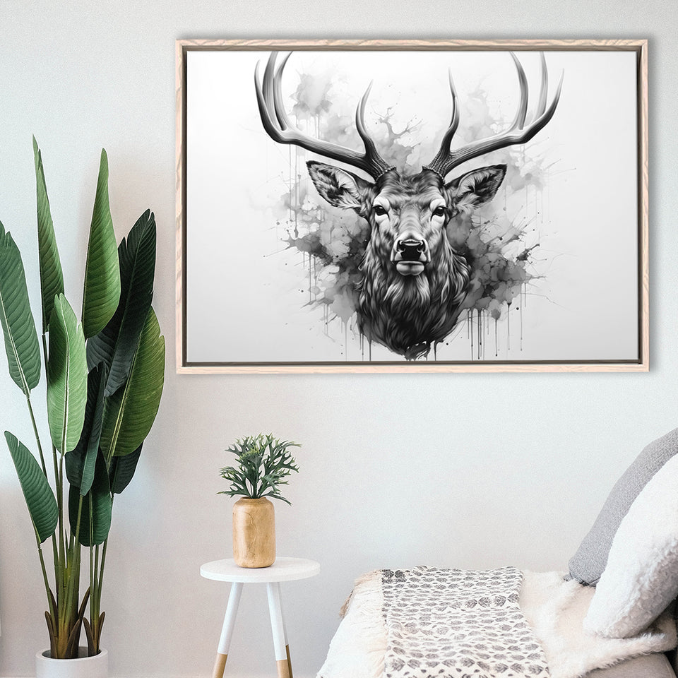 Deer Stag Head Black And White Framed Canvas Prints Wall Art Home Decor, Painting Canvas, Floating Frame