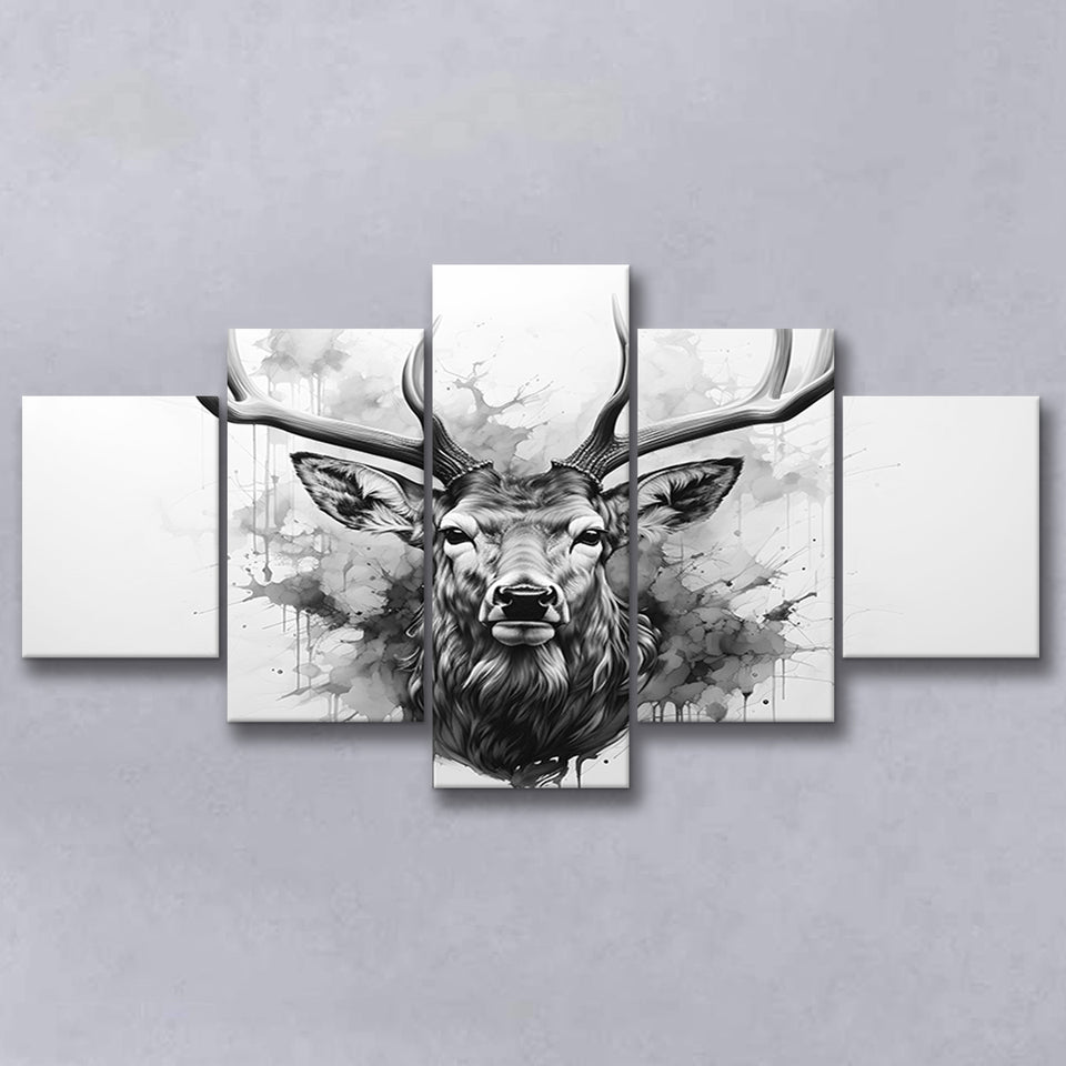 Deer Stag Head Black And White 5 Panels Canvas Prints Wall Art Home Decor, Large Mixed Canvas