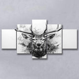 Deer Stag Head Black And White 5 Panels Canvas Prints Wall Art Home Decor, Large Mixed Canvas