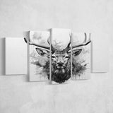 Deer Stag Head Black And White 5 Panels Canvas Prints Wall Art Home Decor, Large Mixed Canvas