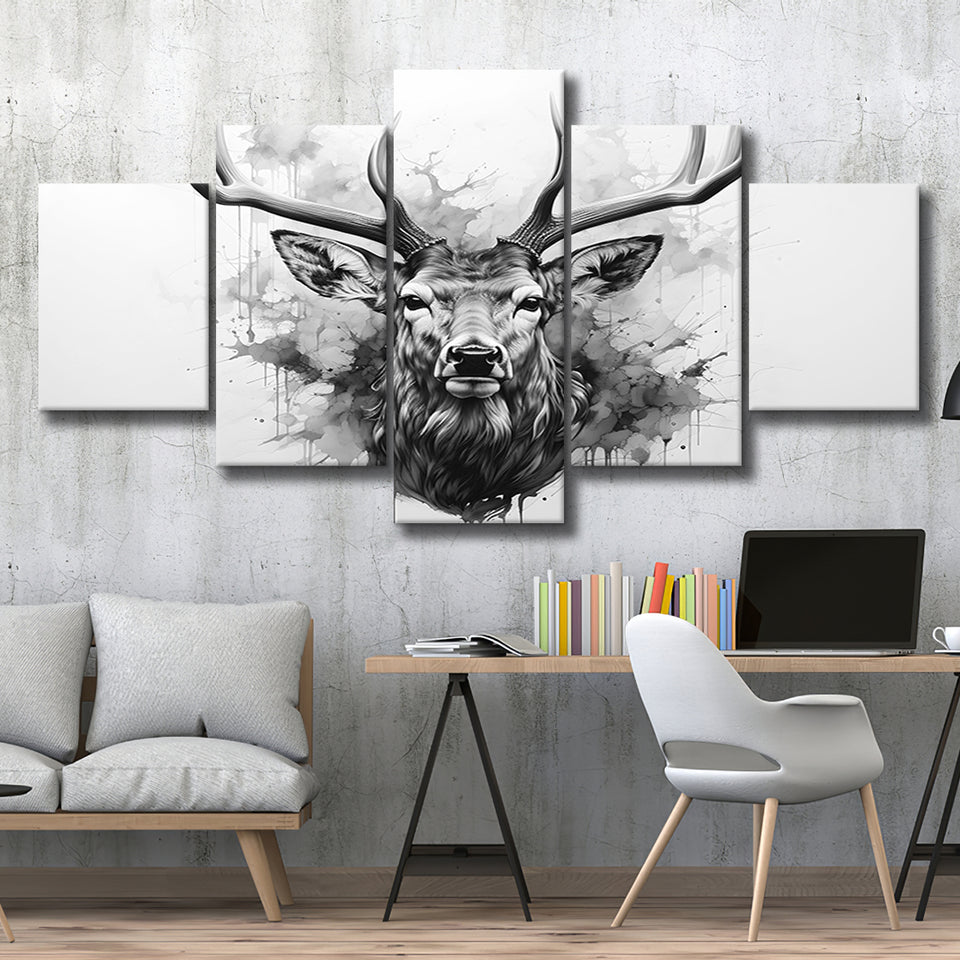 Deer Stag Head Black And White 5 Panels Canvas Prints Wall Art Home Decor, Large Mixed Canvas