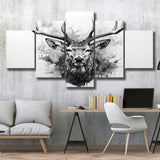 Deer Stag Head Black And White 5 Panels Canvas Prints Wall Art Home Decor, Large Mixed Canvas