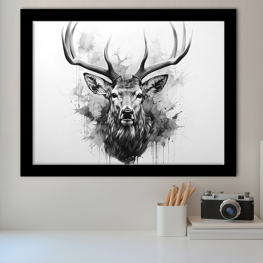 Deer Stag Head Black And White Framed Art Prints Wall Decor, Painting Art, Framed Picture