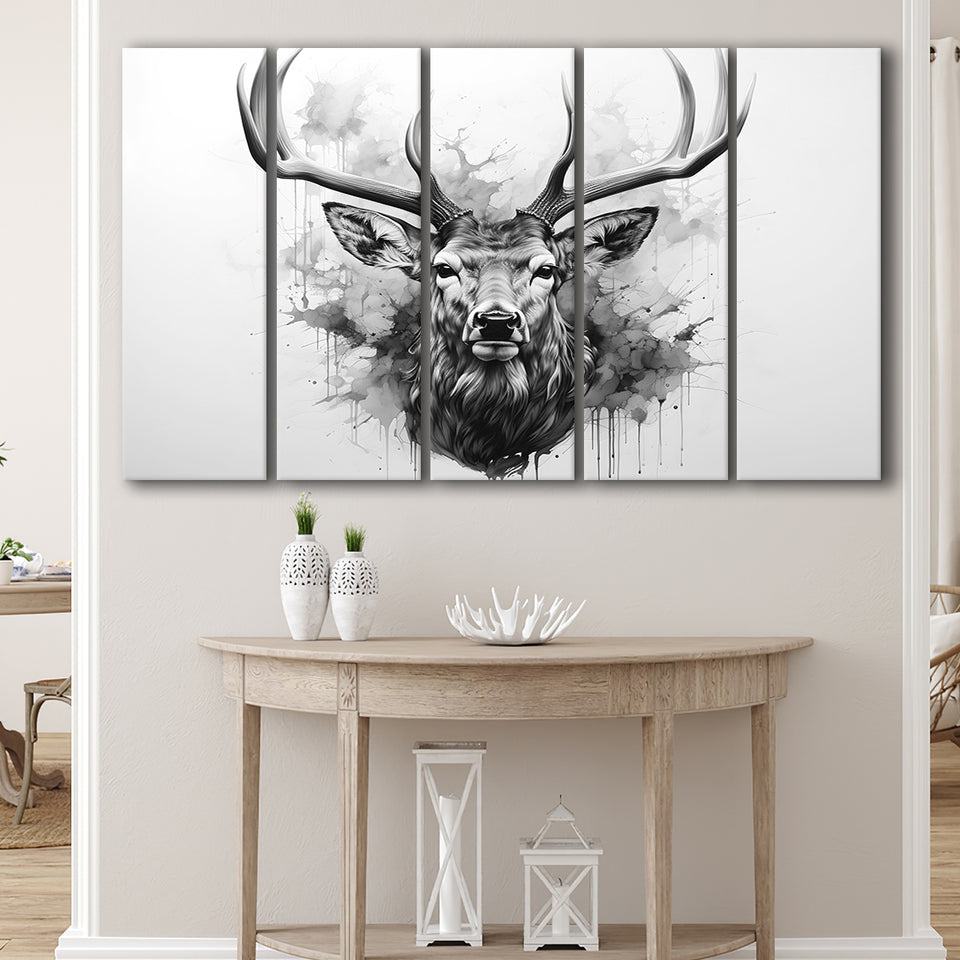 Deer Stag Head Black And White 5 Panels B Canvas Prints Wall Art Home Decor, Extra Large Canvas