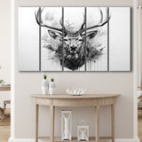 Deer Stag Head Black And White 5 Panels B Canvas Prints Wall Art Home Decor, Extra Large Canvas