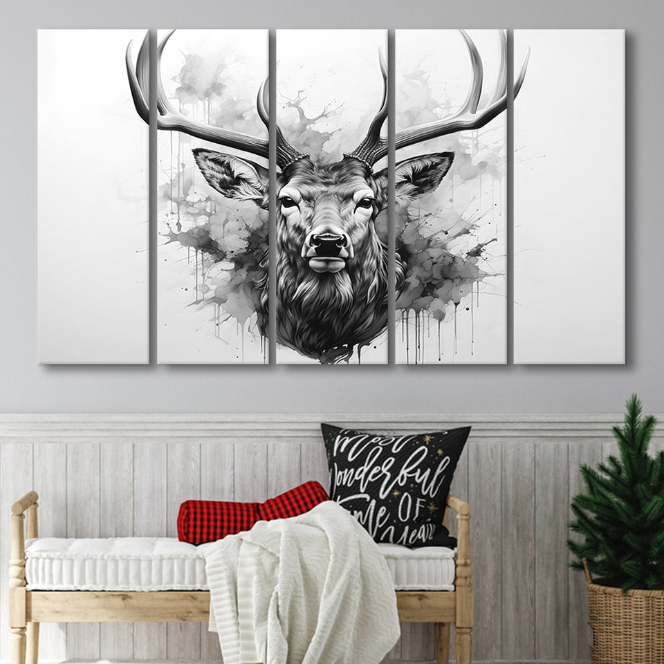 Deer Stag Head Black And White 5 Panels B Canvas Prints Wall Art Home Decor, Extra Large Canvas