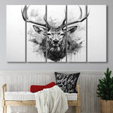 Deer Stag Head Black And White 5 Panels B Canvas Prints Wall Art Home Decor, Extra Large Canvas