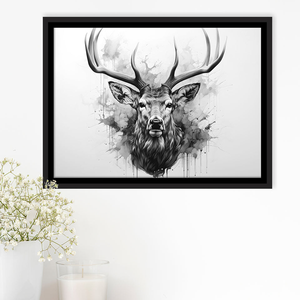Deer Stag Head Black And White Framed Canvas Prints Wall Art Home Decor, Painting Canvas, Floating Frame