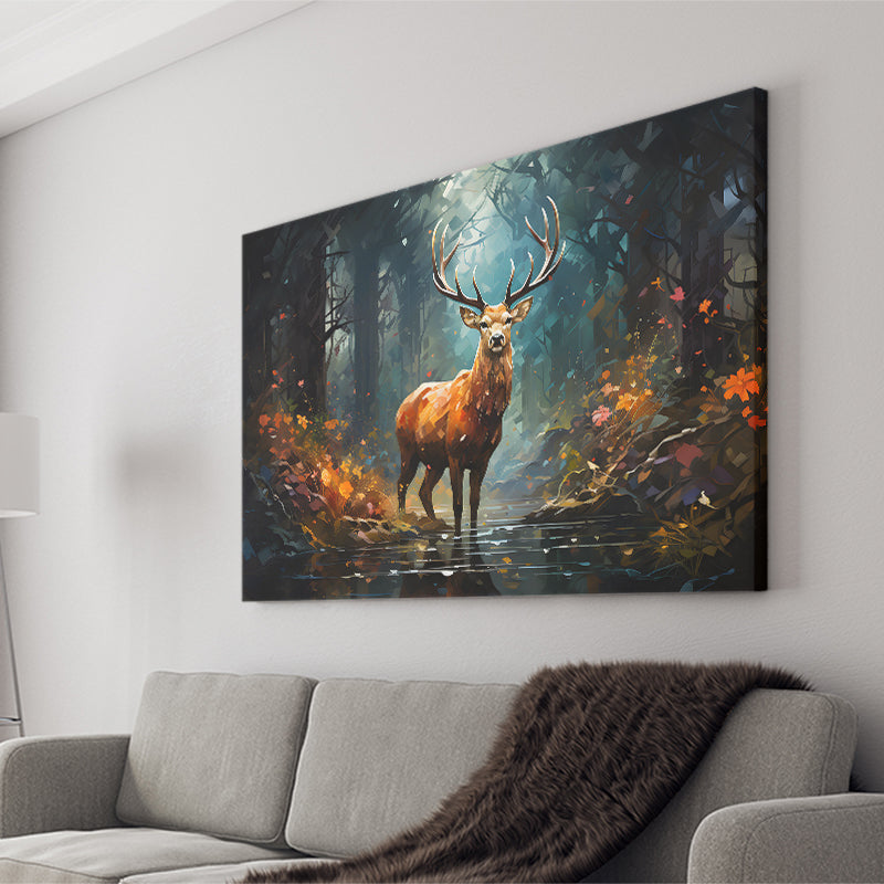 Deer Stag Head Oil Painting In The Forest V2 Canvas Prints Wall Art Home Decor, Painting Canvas, Living Room Wall Decor