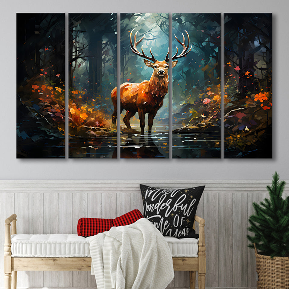 Deer Stag Head Oil Painting In The Forest V2 5 Panels B Canvas Prints Wall Art Home Decor, Extra Large Canvas