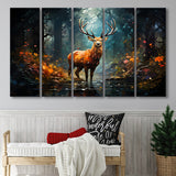 Deer Stag Head Oil Painting In The Forest V2 5 Panels B Canvas Prints Wall Art Home Decor, Extra Large Canvas