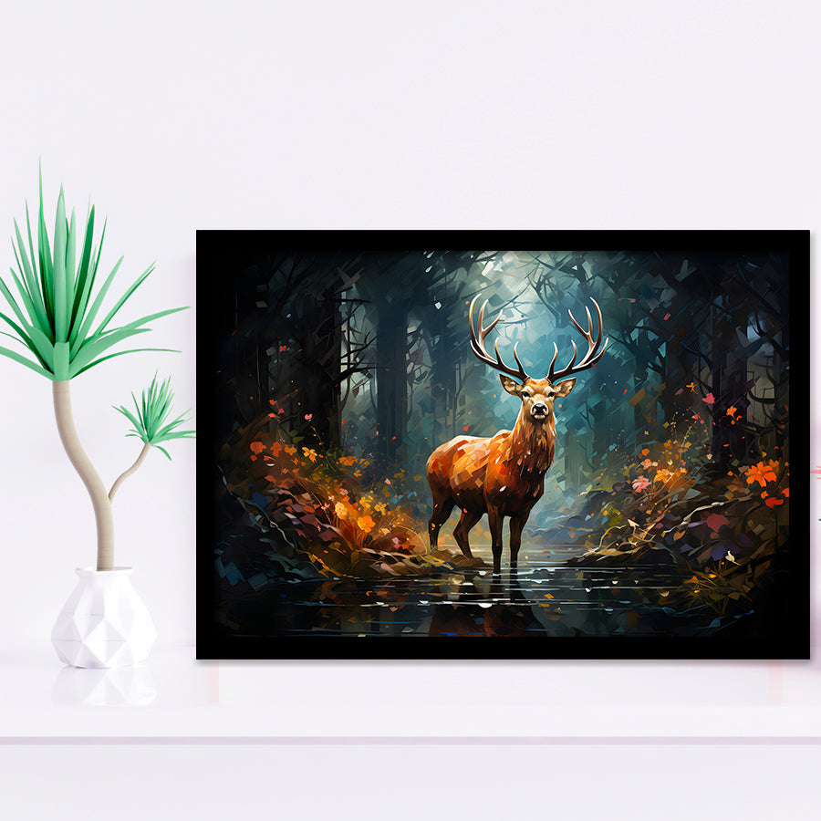 Deer Stag Head Oil Painting In The Forest V2 Framed Art Prints Wall Decor, Painting Art, Framed Picture